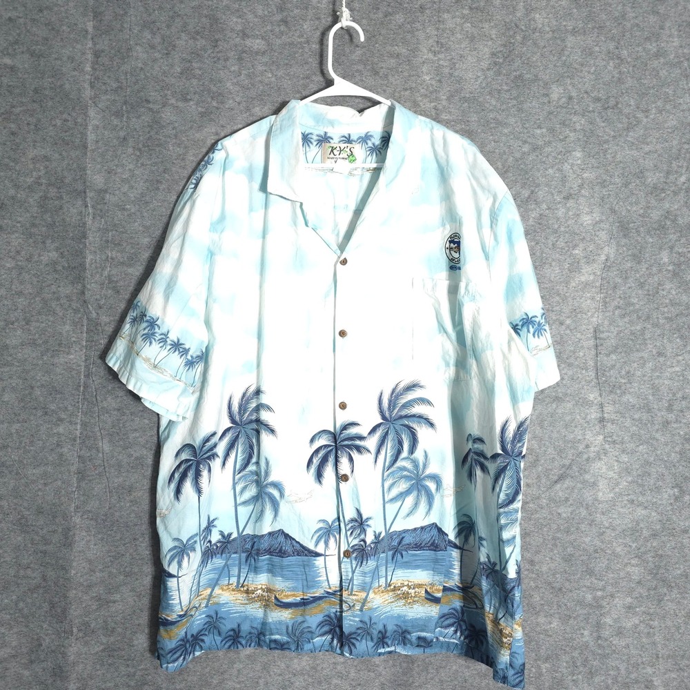 KY'S Hawaiian Shirt Men XL Tropical Palm Tree Beach Vacation Short Sleeve Casual